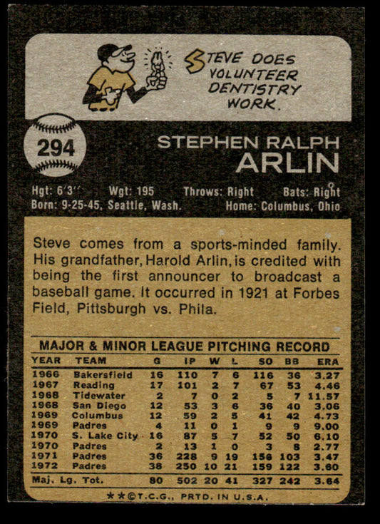 1973 Topps Baseball #294 - Steve Arlin - EXMT