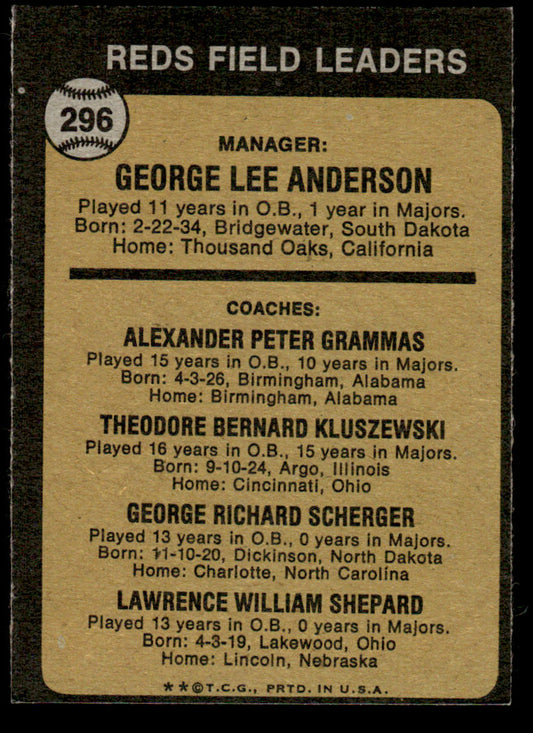 1973 Topps Baseball #296 - Reds Field Leaders - EX