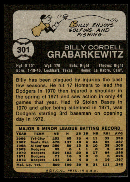 1973 Topps Baseball #301 - Billy Grabarkewitz - EXMT