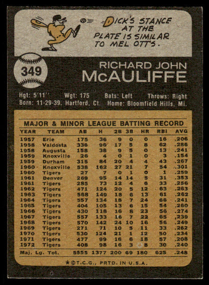 1973 Topps Baseball #349 - Dick McAuliffe - EXMT
