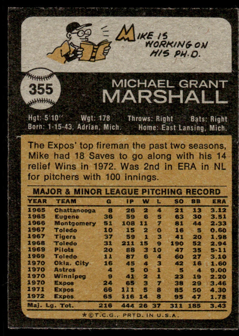 1973 Topps Baseball #355 - Mike Marshall - NM