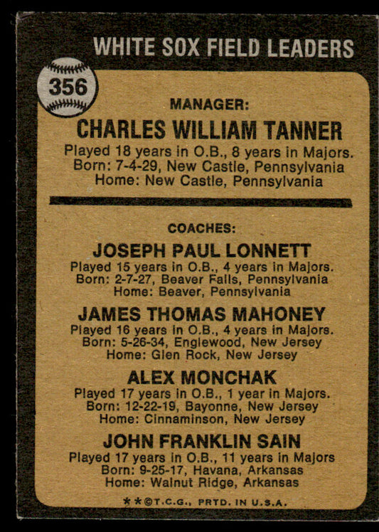 1973 Topps Baseball #356 - White Sox Field Leaders - EXMT