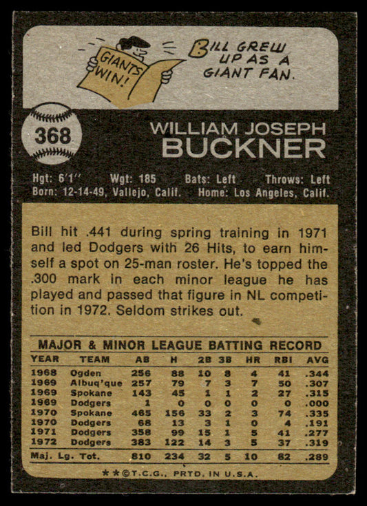 1973 Topps Baseball #368 - Bill Buckner - EXMT