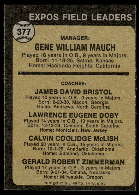 1973 Topps Baseball #377 - Expos Field Leaders - EX
