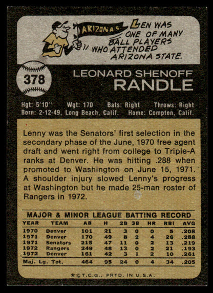 1973 Topps Baseball #378 - Lenny Randle - NM