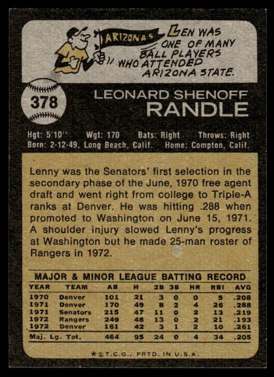 1973 Topps Baseball #378 - Lenny Randle - NM