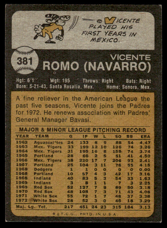 1973 Topps Baseball #381 - Vicente Romo - EXMT