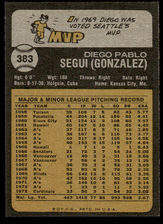 1973 Topps Baseball #383 - Diego Segui - NM