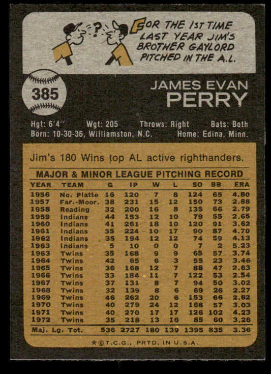 1973 Topps Baseball #385 - Jim Perry - NM