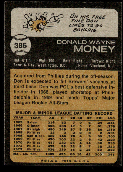 1973 Topps Baseball #386 - Don Money - NM
