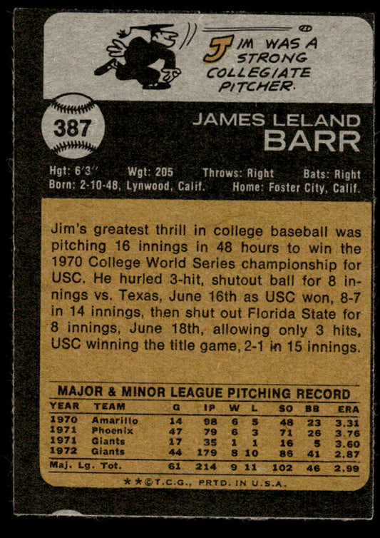 1973 Topps Baseball #387 - Jim Barr - EXMT