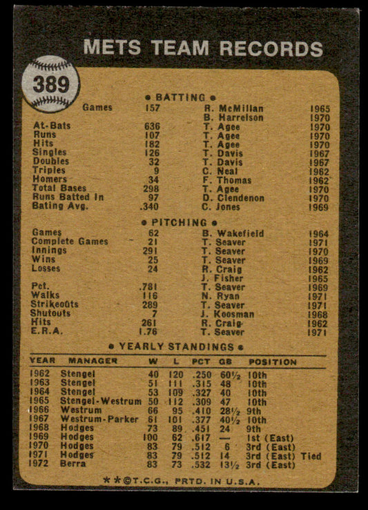 1973 Topps Baseball #389 - New York Mets - EXMT