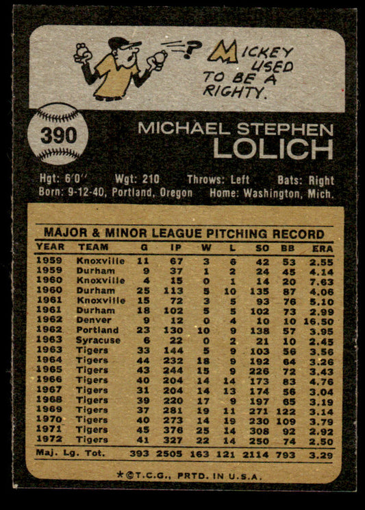 1973 Topps Baseball #390 - Mickey Lolich - EXMT