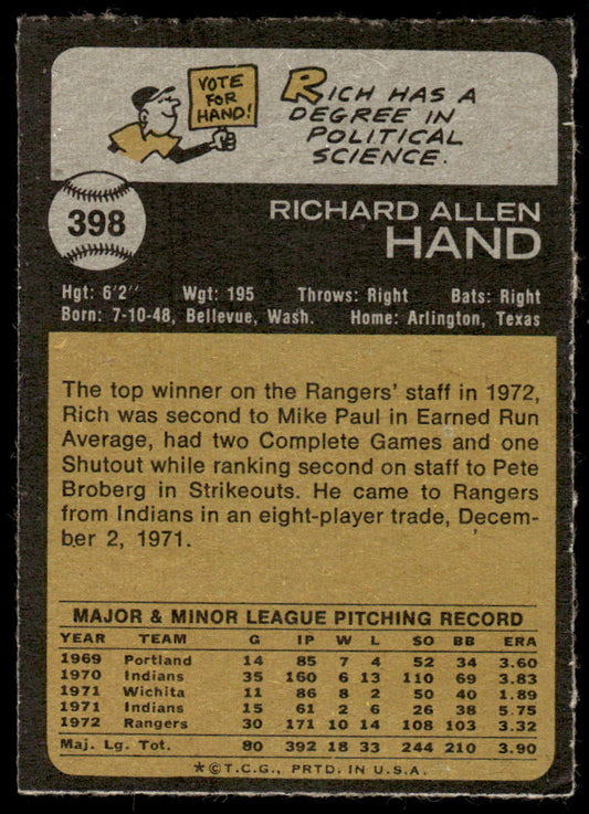 1973 Topps Baseball #398 - Rich Hand - EXMT