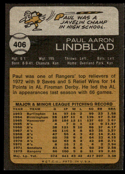 1973 Topps Baseball #406 - Paul Lindblad - EX