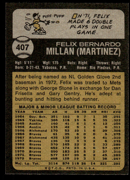 1973 Topps Baseball #407 - Felix Millan - EXMT