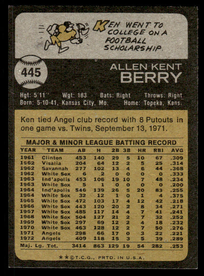 1973 Topps Baseball #445 - Ken Berry - EXMT