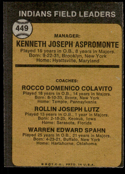 1973 Topps Baseball #449a - Indians Field Leaders - EX