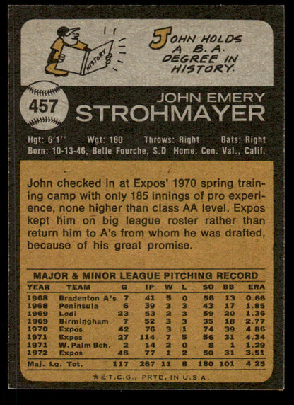 1973 Topps Baseball #457 - John Strohmayer - EXMT