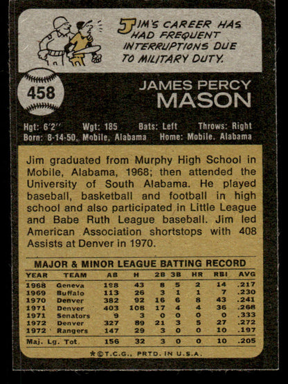 1973 Topps Baseball #458 - Jim Mason - NM