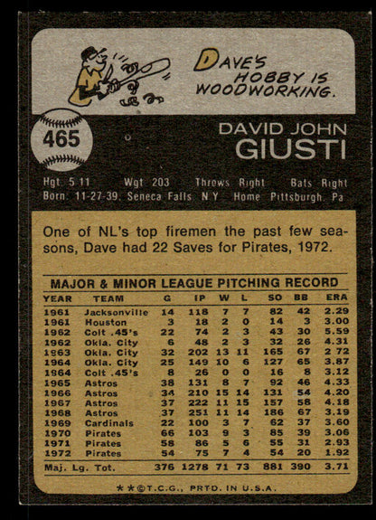 1973 Topps Baseball #465 - Dave Giusti - NM