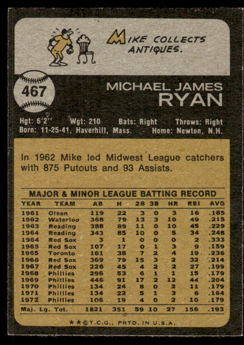 1973 Topps Baseball #467 - Mike Ryan - EXMT
