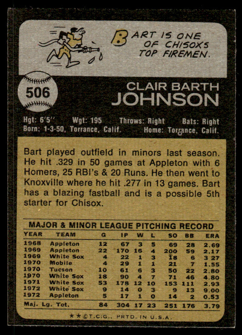 1973 Topps Baseball #506 - Bart Johnson - NM