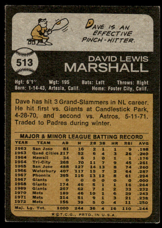 1973 Topps Baseball #513 - Dave Marshall - EXMT