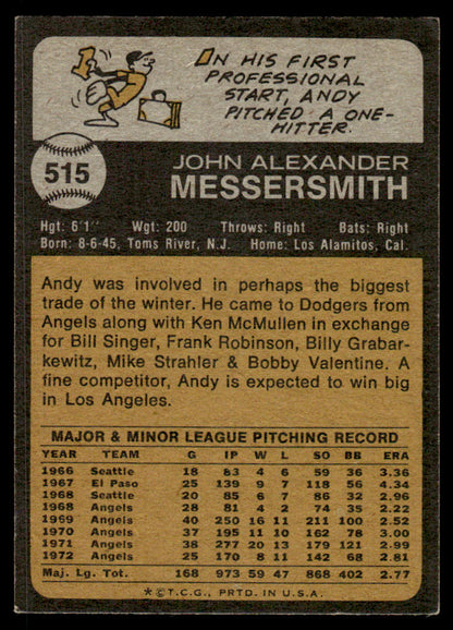1973 Topps Baseball #515 - Andy Messersmith - EXMT