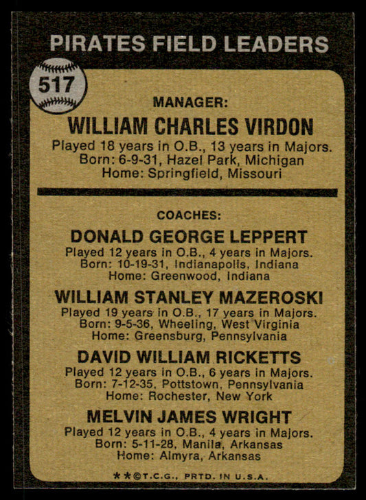 1973 Topps Baseball #517a - Pirates Field Leaders - EXMT
