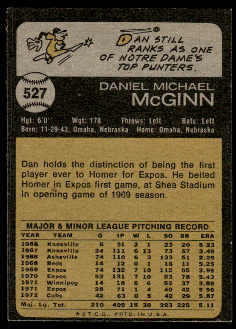 1973 Topps Baseball #527 - Dan McGinn - EXMT