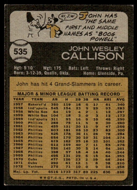 1973 Topps Baseball #535 - John Callison - EX