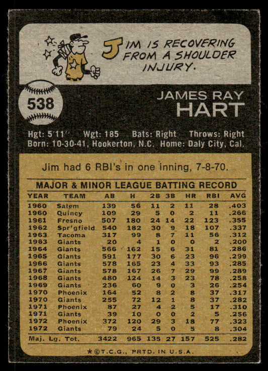 1973 Topps Baseball #538 - Jim Hart - EXMT