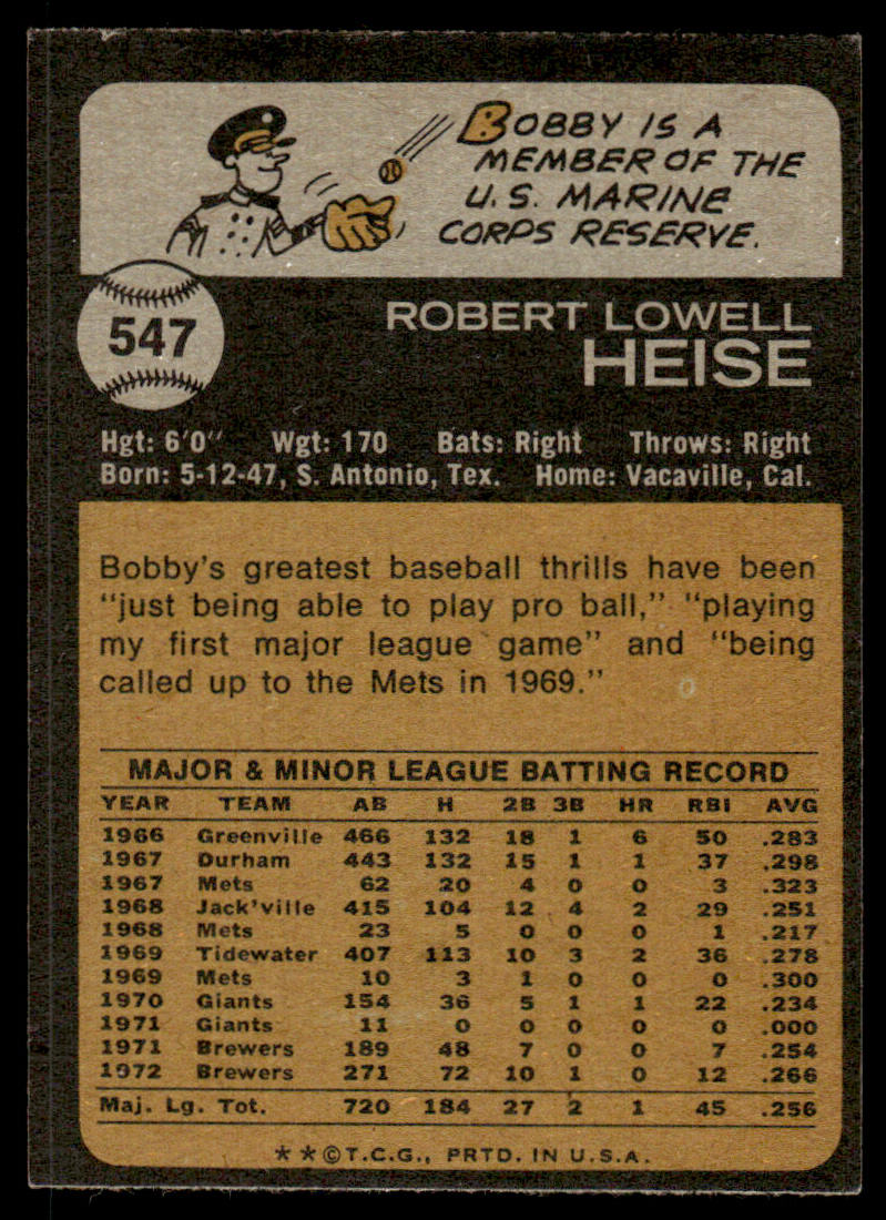 1973 Topps Baseball #547 - Bobby Heise - EX