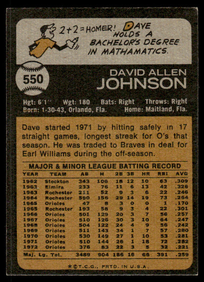 1973 Topps Baseball #550 - Dave Johnson - EX