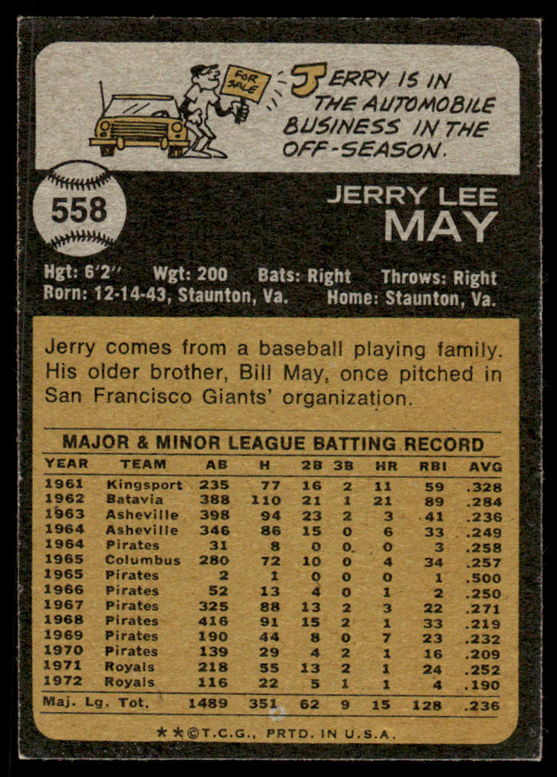 1973 Topps Baseball #558 - Jerry May - EXMT