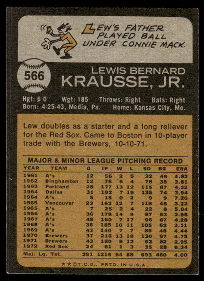 1973 Topps Baseball #566 - Lew Krausse - EX