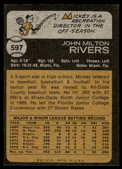 1973 Topps Baseball #597 - Mickey Rivers - EXMT