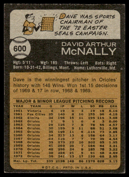 1973 Topps Baseball #600 - Dave McNally - EXMT