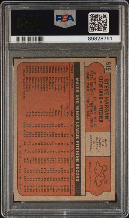 1972 Topps Baseball #615 - Steve Hargan - PSA 9 - MINT