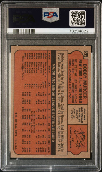 1972 Topps Baseball #699 - Bobby Murcer - PSA 8 - NMMT