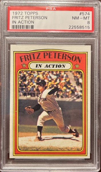 1972 Topps Baseball #574 - Fritz Peterson IA - PSA 8