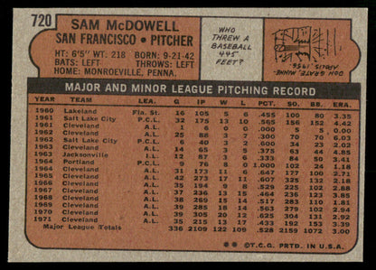 1972 Topps Baseball #720 - Sam McDowell - EXMT