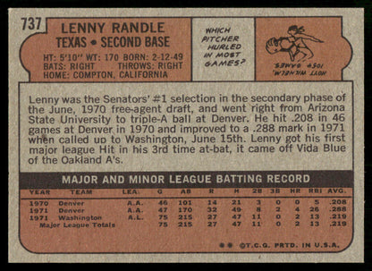 1972 Topps Baseball #737 - Lenny Randle RC - EXMT