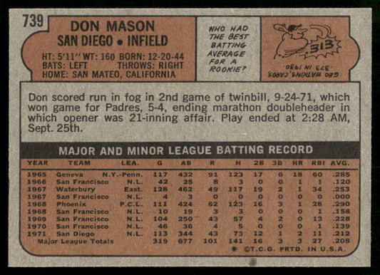 1972 Topps Baseball #739 - Don Mason - NM