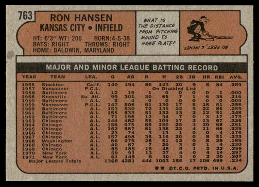 1972 Topps Baseball #763 - Ron Hansen - NM