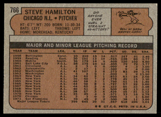 1972 Topps Baseball #766 - Steve Hamilton - NM