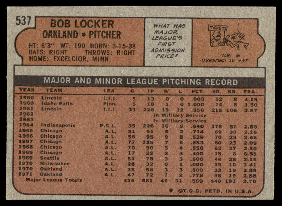 1972 Topps Baseball #537 - Bob Locker - EXMT