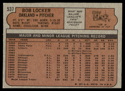 1972 Topps Baseball #537 - Bob Locker - EXMT