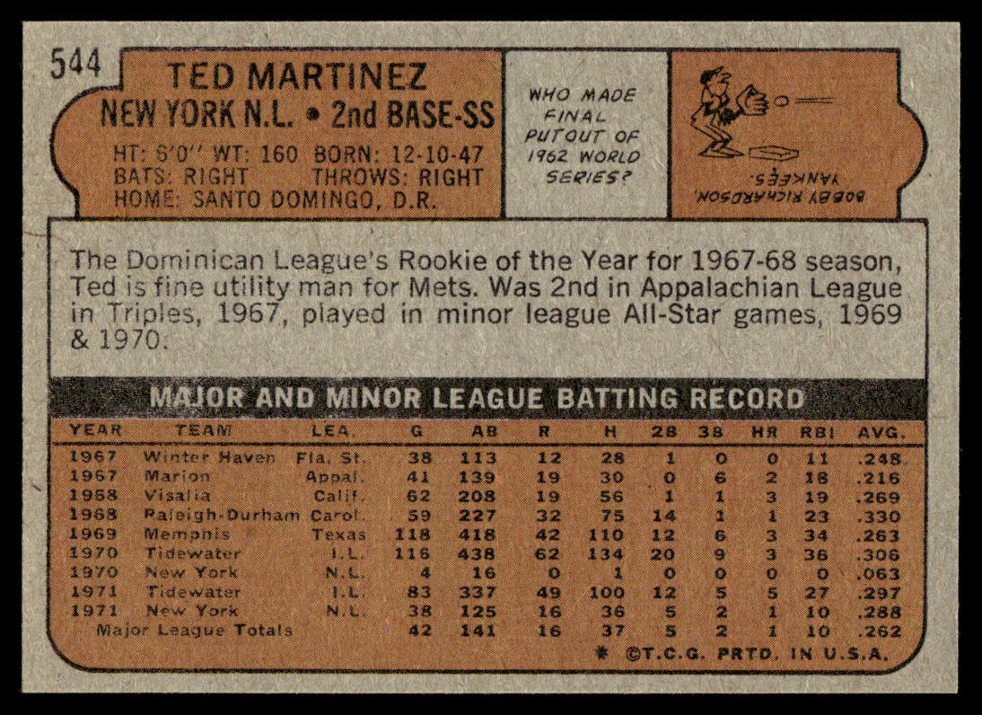1972 Topps Baseball #544 - Ted Martinez - NM